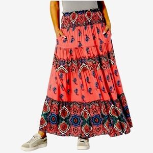 Drop Waist Low Rise Print Maxi Skirt Pull-On Tiered Plisse Maxi Skirt NWT  S…